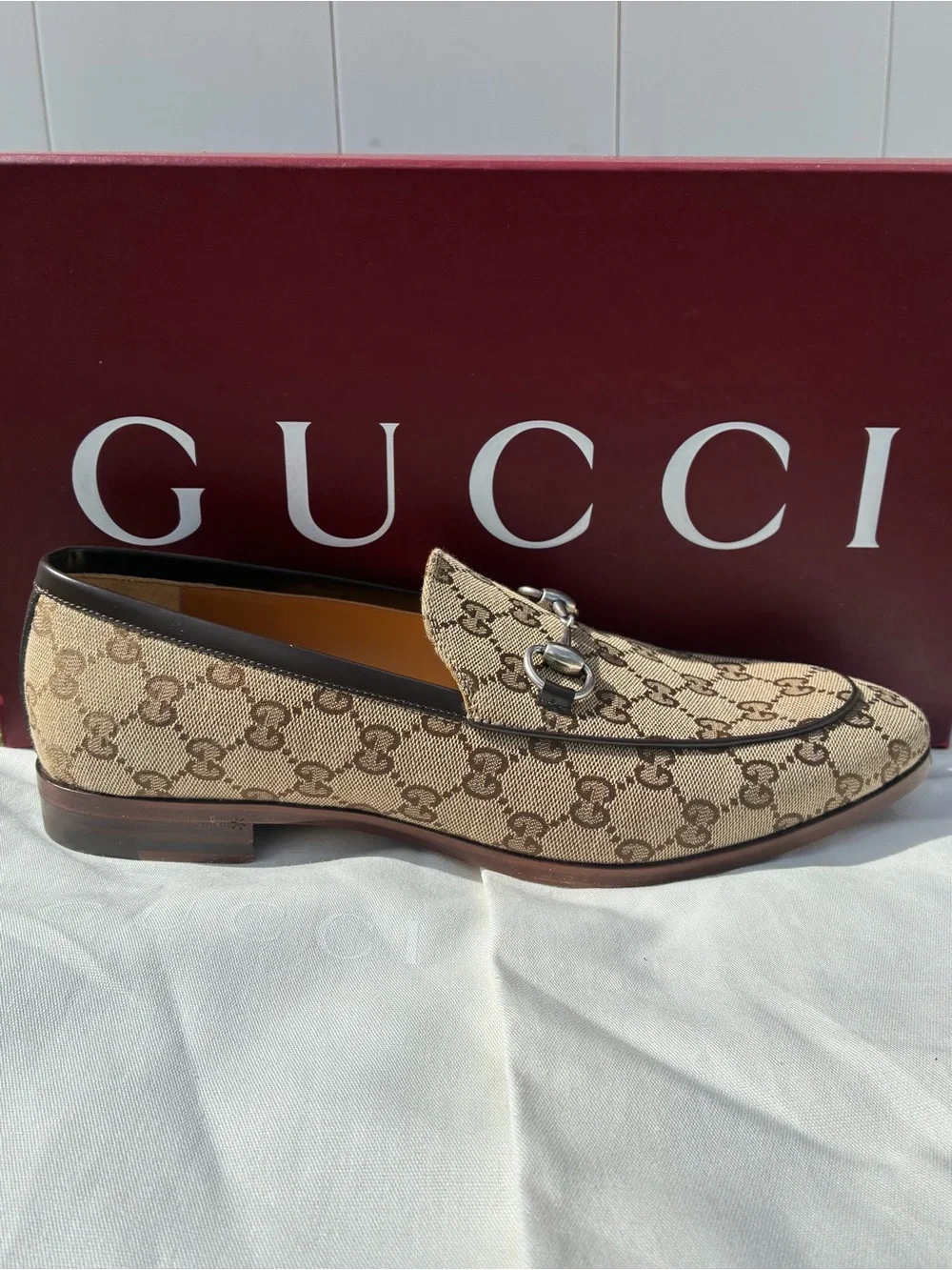 GUCCI CLASSIC BEIGE EBONY GG SUPREME MONOGRAM HORSEBIT JORDAAN LOAFERS G8.5 US9